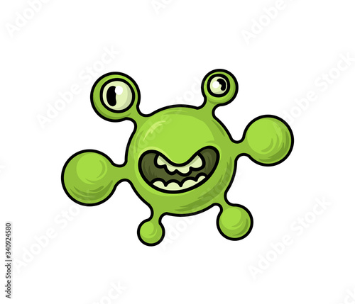 Green germ, virus, bacterium funny monster, cartoon character. Flat vector illustration, isolated on white background.
