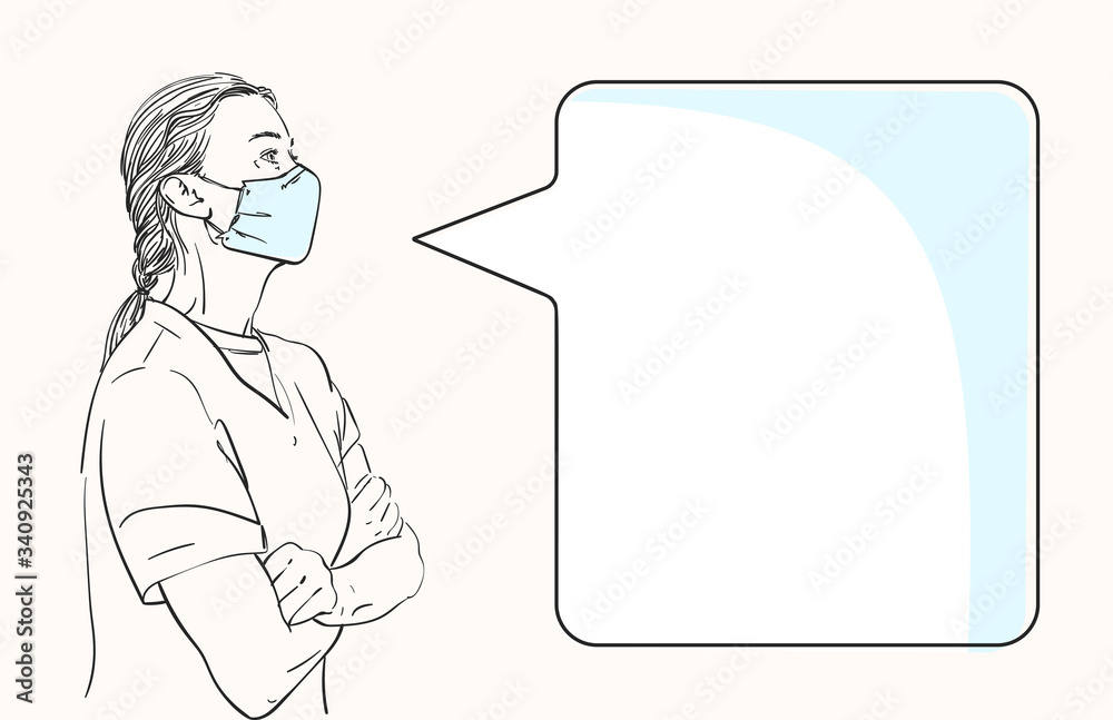 Sketch of woman in profile wearing medical face mask, template for information banner with speech bubble, Hand drawn vector illustration Sketch of woman in profile wearing medical face mask, template for information banner with speech bubble, Hand drawn vector illustration