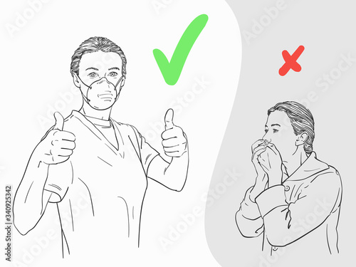 Woman wearing medical mask showing thumb up gesture and woman covering mouth with hands when coughing, Coronavirus pandemic prevent illustration, Correct and wrong protection. Hand drawn vector sketch