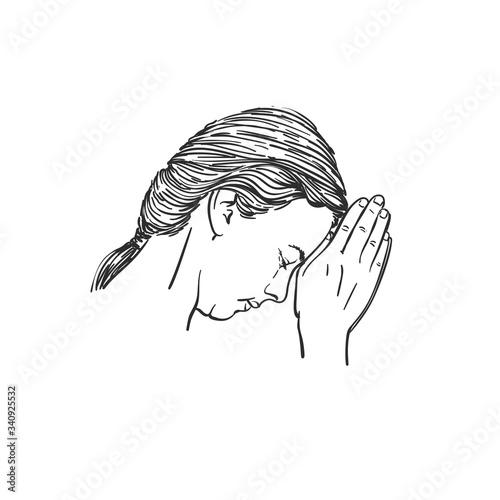Sketch of isolated head of woman praying with hands folded in worship touching the forehead, head down and eyes closed in hope, Hand drawn vector linear illustration
