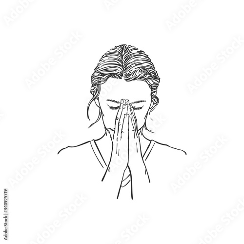 Sketch of woman praying with hands folded in worship, eyes closed in hope, Hand drawn vector portrait illustration