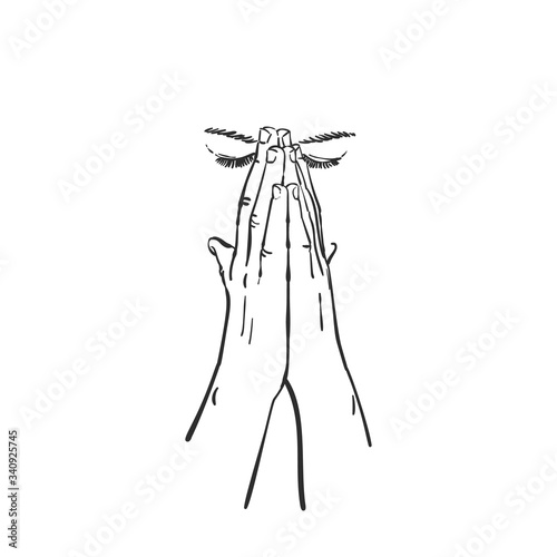 Sketch of praying woman closed face with with hands folded in worship, eyes closed in hope, Hand drawn vector linear illustration isolated detail