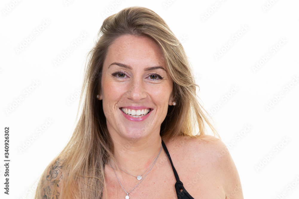 Young pretty tatoo woman smiling on white blank background with copy space blonde beautiful girl Young pretty tatoo woman smiling on white blank background with copy space blonde beautiful girl