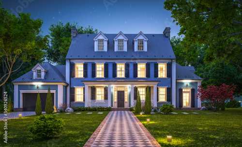 3d rendering of modern cozy classic house in colonial style with garage and pool for sale or rent with beautiful landscaping on background. Clear summer night with many stars on the sky. photo
