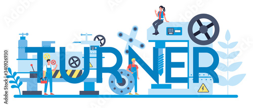 Turner or lathe typographic header concept. Factory worker using
