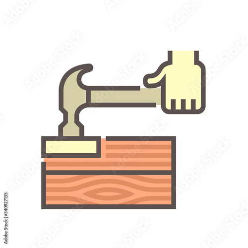 Wood floor installation and tool or equipment vector icon. Consist of hammer, tapping block, wood floor and carpenter. To improvement, repair, renovation or construction of wooden floor.