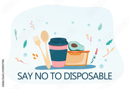 Zero waste concept, say no to disposable. Dish, cup and cultery