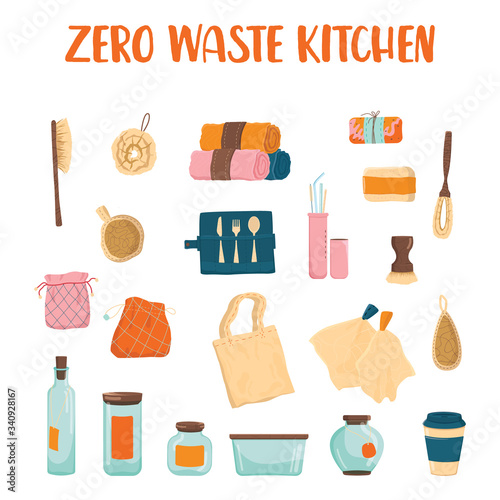 Zero waste kitchen set. Collection of eco elements for people who