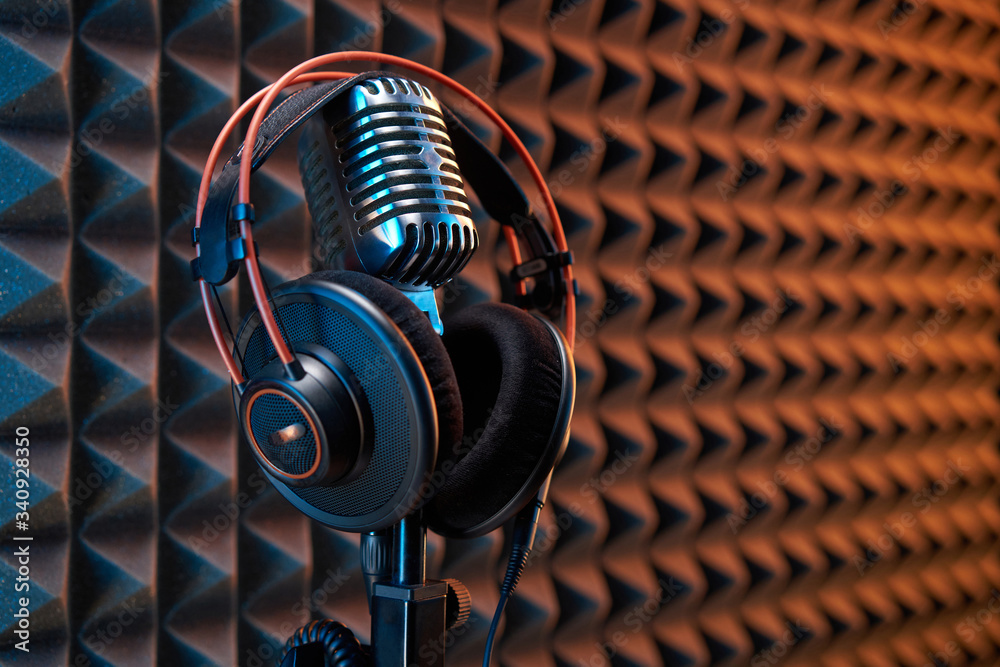 Studio condenser microphone with professional headphones acoustic panel  Stock Photo | Adobe Stock