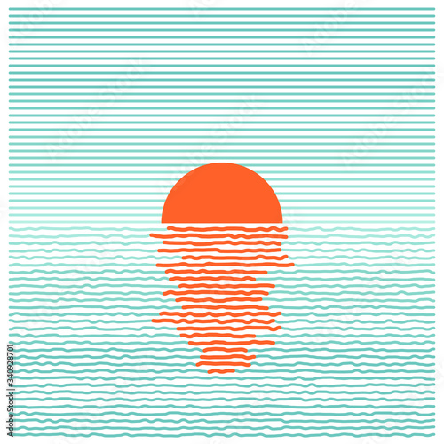 Sunset in ocean - striped background. Vector line art
