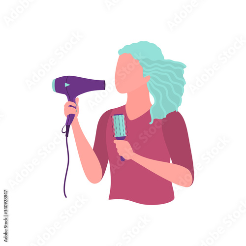 Cute woman with hairbrush and hairdryer makes trendy hairstyle. Female character with hair tools isolated on white background. Professional master works in hairdressing salon. Flat vector illustration