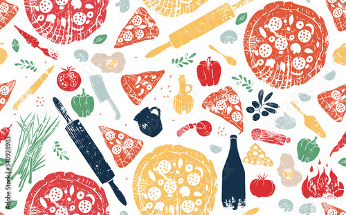 Pizza Pattern. Vector illustration. Doodle style. Pizzeria background.