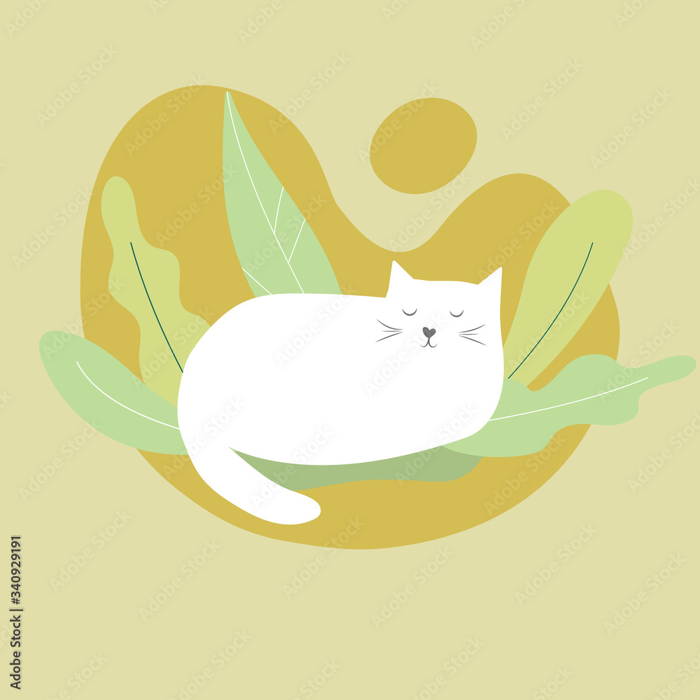 Vector illustration of cute kawaii hand drawn doodle white cat lying sleeping in garden on leaves plants. Warm autumn beige brown green color palette