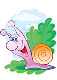 funny snail character on a background of green foliage, vector illustration,