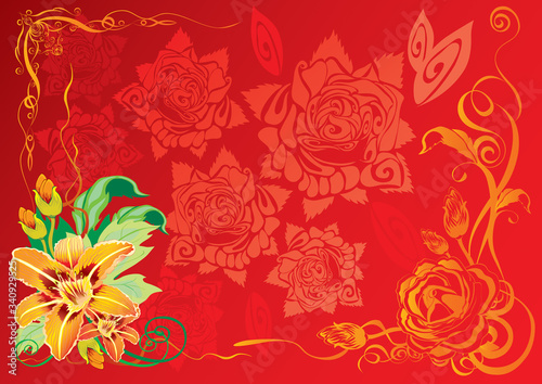 red background with yellow flowers in the corner, vector illustration,