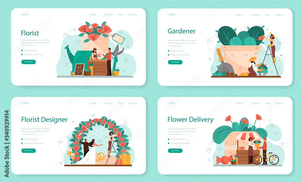 Florist concept web banner or landing page set. Creative occupation