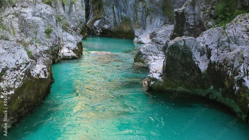 Aerial Vertical View Over The Surface Of A Mountain River Soca Aerial Vertical View Over The Surface Of A Mountain River Soca