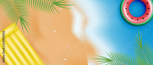 Summer time banner with realistic swim ring and inflatable mattress. Top view. Shopping promotion for summer season. 3D summer wallpaper.