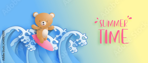 Summer time banner with the cute bear is surfing on ocean wave in paper cut style. Digital craft paper art. Promotion shopping advertisement poster. Summer holiday wallpaper.