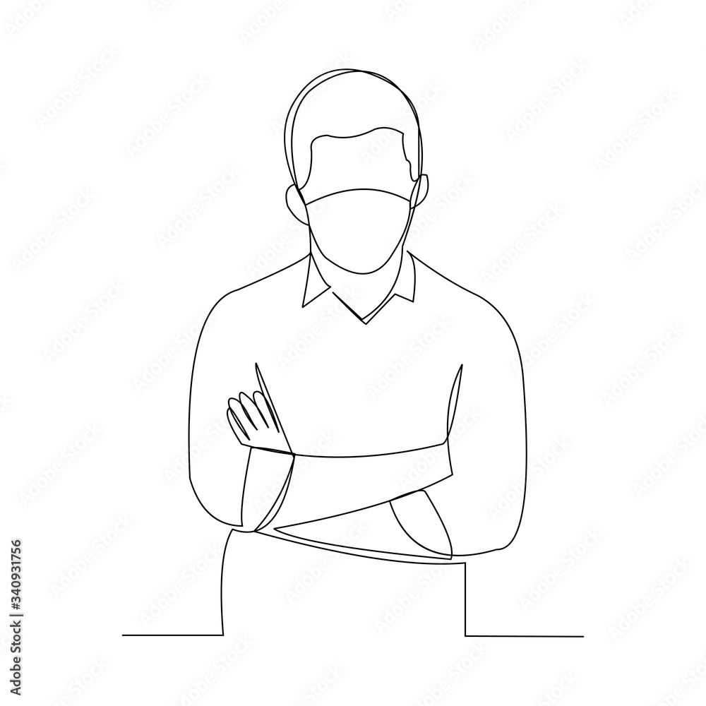 Continuous line drawing of man wearing surgical mask to protect disease, flu, air pollution, pandemic, virus. Vector illustration.