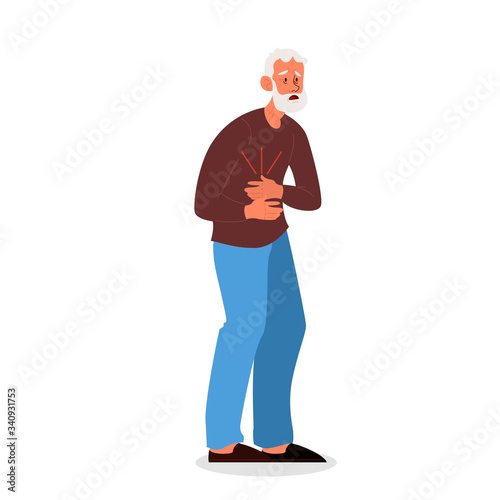 Old man feel stomach abdominal pain. Unhappy suffering senior