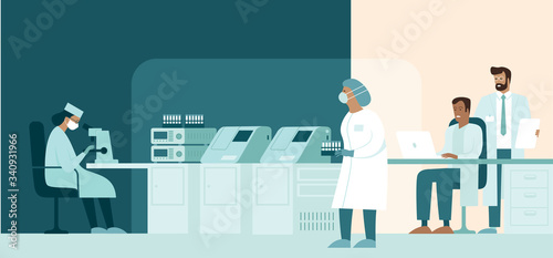 Team of medic scientist making research in lab.  Development of vaccine protecting people from novel coronavirus causing covid-19 viral pneumonia outbreak