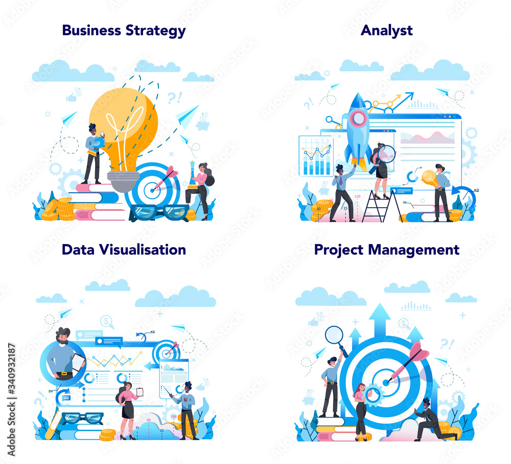 Business analyst web banner or landing page set. Business strategy