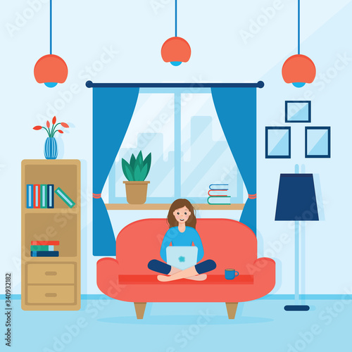 a girl or woman with a laptop is sitting on the sofa. vector illustration
