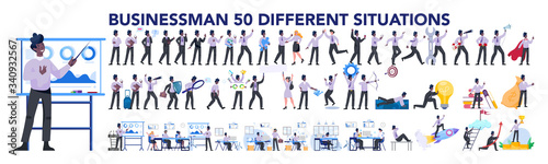 Businessman character set. Poses and meeting, data and hero.