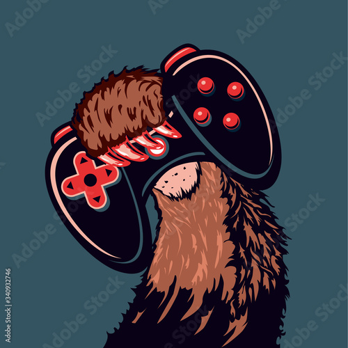 Gamepad in a monster hand. Electronic game cartoon illustration. Vintage vect...