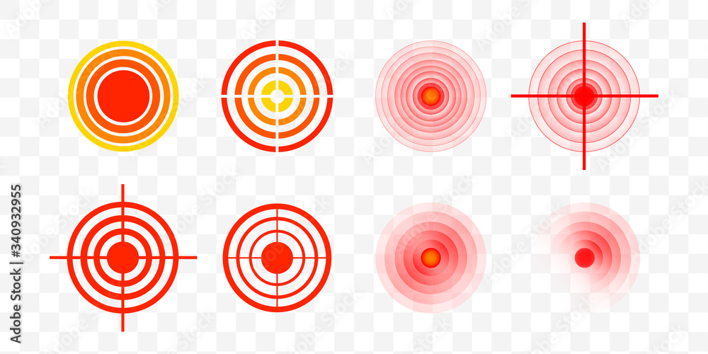 Pain red circle or localization mark. Red painful target spot, targeting medication remedy circle and joint pain spots. Vector isolated Pain red circle or localization mark. Red painful target spot, targeting medication remedy circle and joint pain spots. Vector isolated