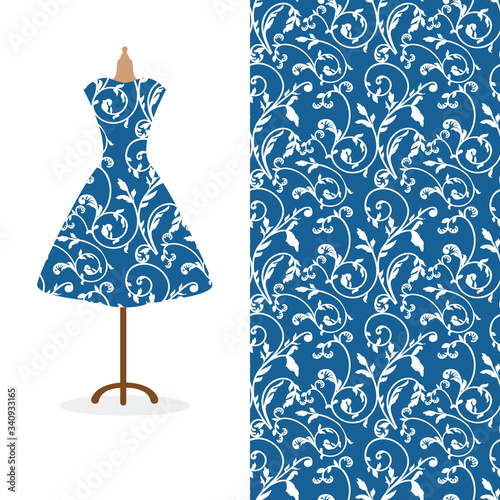 Women's long dress mock up with bright seamless hand drawn pattern for textile, paper print.