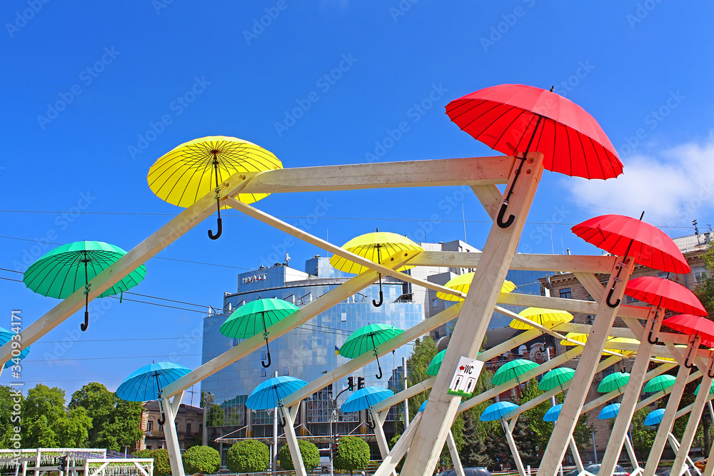 KYIV, UKRAINE - MAY 01, 2017: Bright umbrellas decoration in fan zone for international song competition Eurovision-2017 on Sofia square in Kyiv