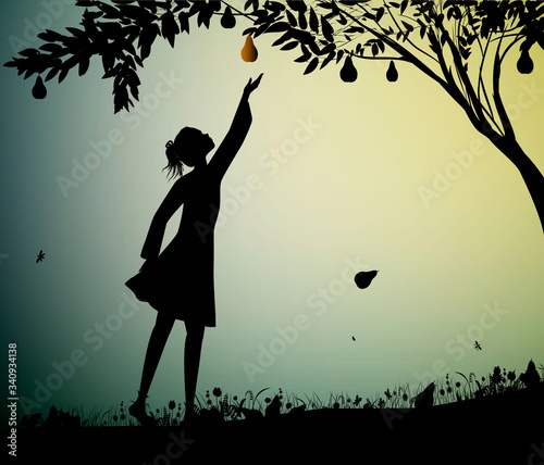 girl silhoutte harvest the pear, fruit harvest scene, summer memories, nature product concept,