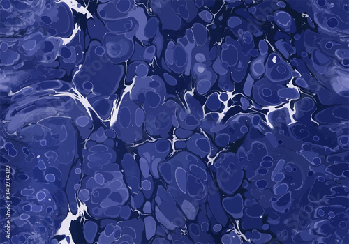 Seamless classic blue marbling pattern. Traditional Turkish Ebru technique