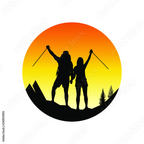 Couple of happy hikers with raised hands against the sun. Travel, tourism, hike and adventure logo. Vector illustration, EPS 10.