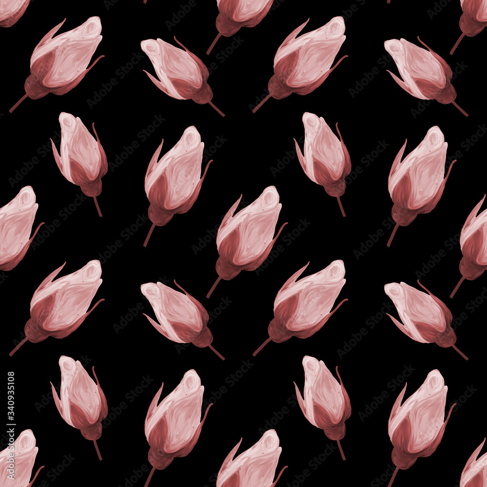 Pale monochrome rose flowers handmade gouache, oil paint seamless pattern gentle. Black Background for web pages, wedding invitations, save the date cards.