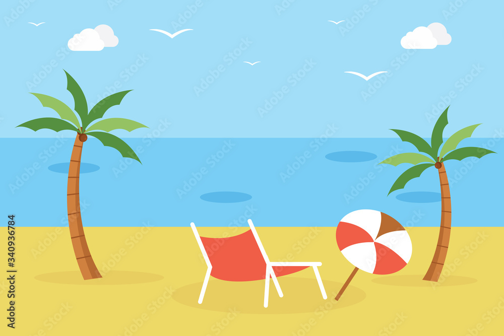Lounge on Seashore. Parasol under the palm tree. Beach chair with sea. Time to travel. Tropical summer holidays