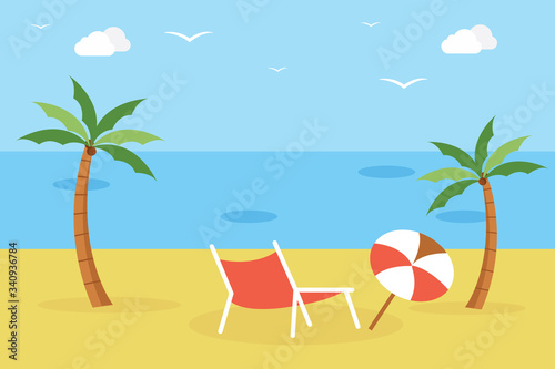 Lounge on Seashore. Parasol under the palm tree. Beach chair with sea. Time to travel. Tropical summer holidays