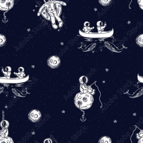Seamless pattern. Space background. Astronauts swim in a canoe.