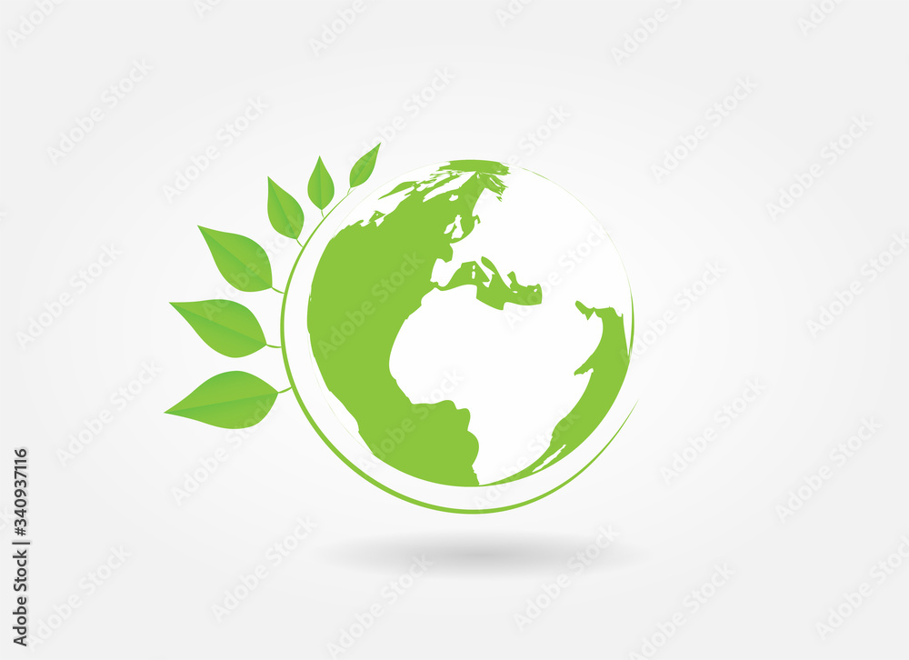 Ecology concept. Green earth , green leaf paper art on white background. Vector.