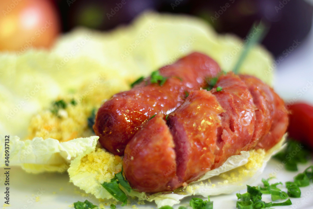 grilled pork sausage with vegetable salad, selecitive focus grilled pork sausage with vegetable salad, selecitive focus