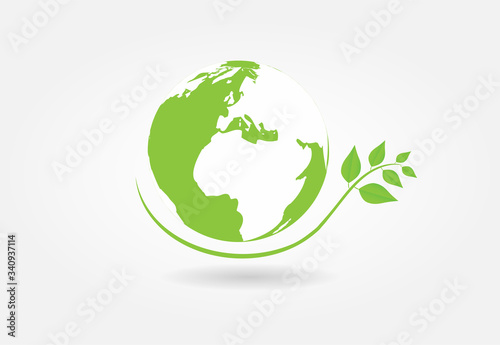 Ecology concept. Green earth , green leaf paper art on white background. Vector.