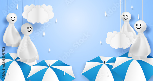 Happy monsoon, Rainy Season background .Doll chasing rain hanging and cloud on blue sky. paper art style.vector.