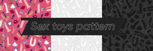 Sex toys, a set of items from a sex shop. Toys for adults. Set vectors seamless patterns. Three backgrounds.