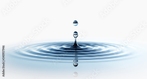 Clear water drop in ripple. Isolated on white.