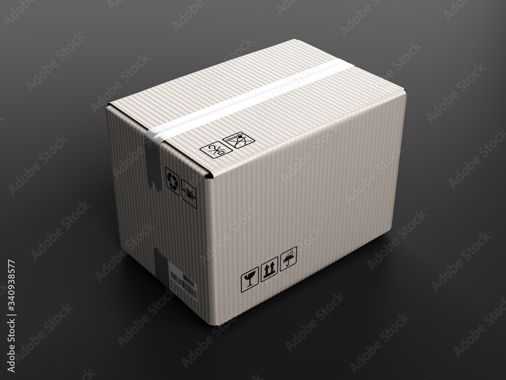 clear white cardboard delivery box 3d render on darck background - obrazy, fototapety, plakaty 