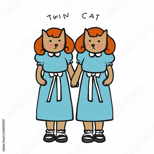 Twin cats wear blue dress cartoon vector illustration