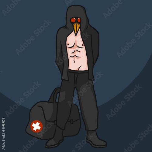 The plague doctor (crow doctor) with military doctor bag showing six packs cartoon vector illustration
