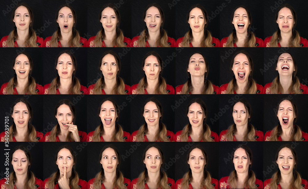 Obraz premium Actor Emotion Card. Collage of Young adult woman with various expressions positive six emotions.